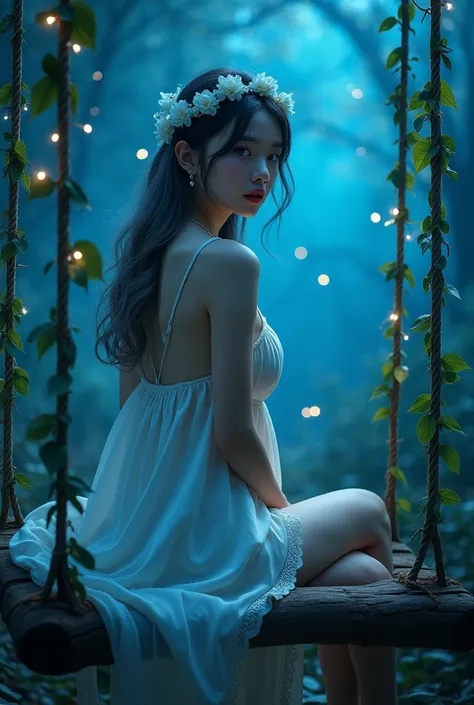 (wide shot, whole body shot), A beautiful korean girl, 20 years old, kpop style, ash grey long wavy hair, white flower headband, blue eyes, sexy body, long legs, wide thigh gap, silver titanium necklace with heart liontin, sitting back view lift the leg on...