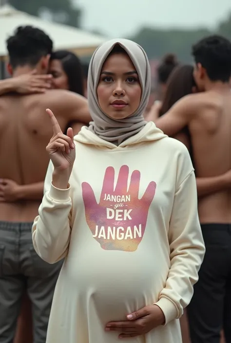 A pregnant hijaber pretty woman, wearing a cream hoodie with a strong vector design featuring a silhouetted image of a five-fingered palm in pastel colour. The indonesian phrase "JANGAN YA DEK JANGAN" is displayed in bold simple elegand, distressed typogra...