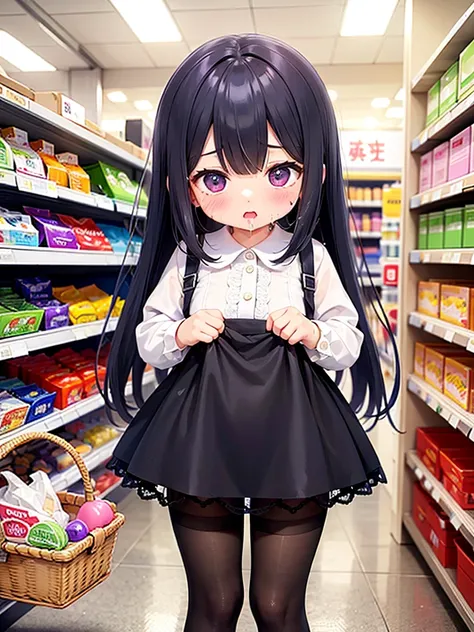 Shopping at the supermarket、There are items in the basket、Pick up and select the product、Merchandise Shed、Have a basket、A vibrator is inserted into the pantyhose、blush、Body fluids are dripping from the base of the inner thighs、The vibration of the vibrator...