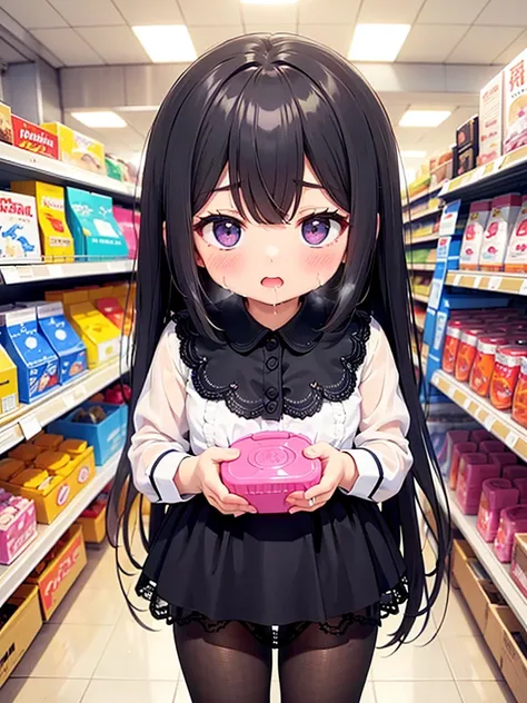 Shopping at the supermarket、There are items in the basket、Pick up and select the product、Merchandise Shed、Have a basket、A vibrator is inserted into the pantyhose、blush、Body fluids are dripping from the base of the inner thighs、The vibration of the vibrator...