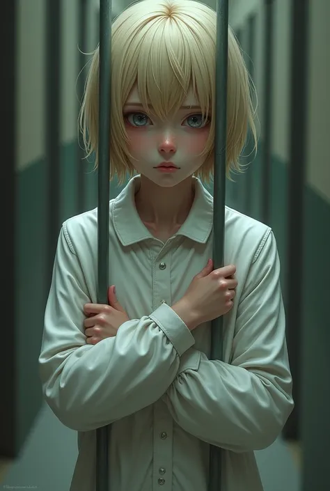 A blonde 18 yo girl looking sad in a straight jacket. Pixie cut.