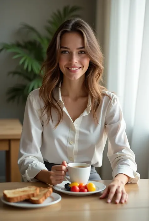 Lara Valentina, 22 years old, (piercing green eyes), is sitting at the kitchen table, enjoying a healthy breakfast. She wears an elegant formal outfit, consisting of a white button-down blouse, slightly fitted to the body, and a gray skirt, creating a prof...