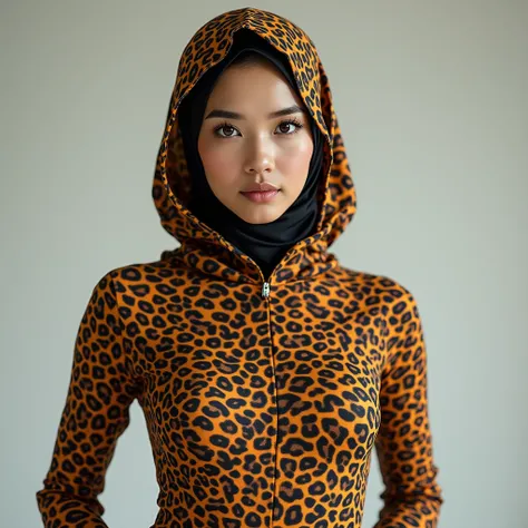 A beautiful,thin and nice asian muslimah woman wears leopard print lycra turtleneck unitard catsuit covered with many spots and leopard print lycra dancewear hood-like hijab covered with spots.