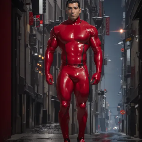 arafed man in a red and black wet suit standing in a street, huge glistening muscles, rubberhose style, superhero body, exaggerated muscle physique, rubbery-looking body, rubbery - looking body, rubber suit, muscular male hero, hard rubber chest, bulging m...