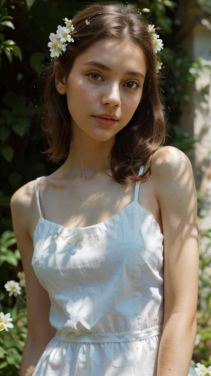 a skinny girl wearing a light white summer dress with flowers, detailed facial features, beautiful eyes, delicate lips, narrow hips, natural sunlight, soft shadows, glowing skin, serene expression, gentle breeze, lush garden backdrop, vibrant colors, impre...