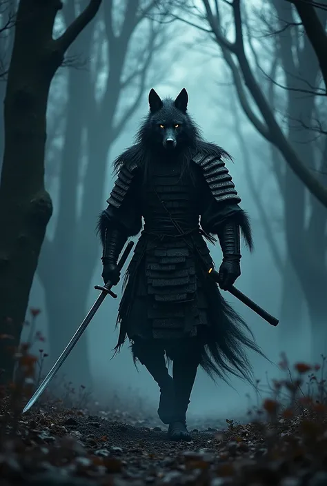 very strong、Wolf Samurai、(A black aura erupts)、Impenetrable、Warrior、The body is slender、Pitch black armor、Dark Messenger、((Walking through a very dark forest at night))、(Very realistic)、Ultra HD、16K、He bends down and prepares to draw his sword.、((Tattered ...