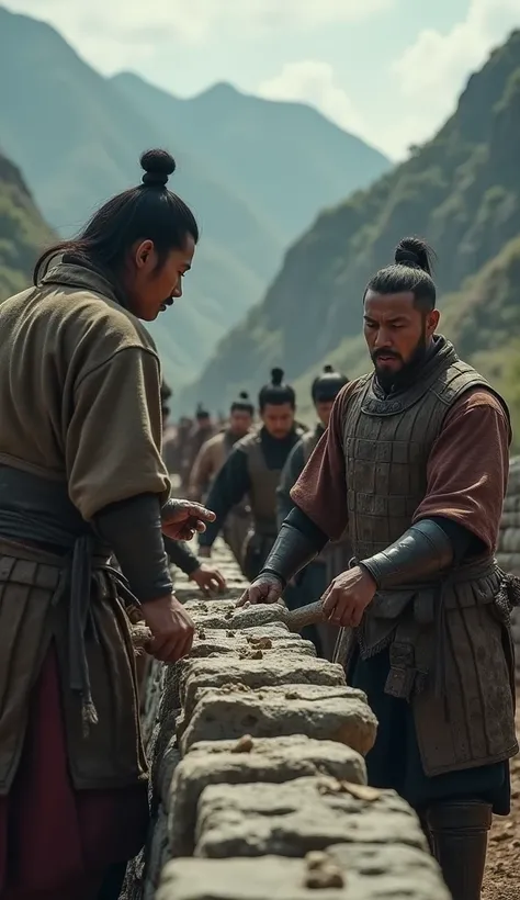 Realistic, cinematic close-up of ancient warriors and builders working together, laying the foundation of the Great Wall.