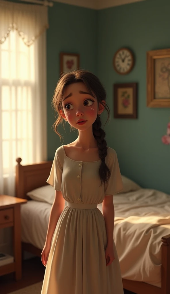 A crying pretty young woman standing in abedroom, pixar style, cinematic, masterpiece, high-aesthetic 