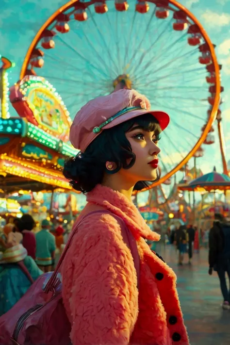 portrait in a 1950s amusement park: a person in modern attire, in an amusement park decorated with rides and stalls from the 195...