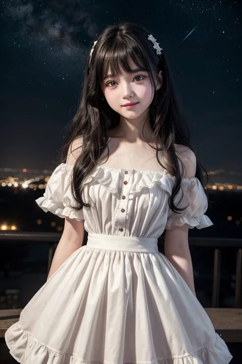 Dramatic light, straight angle, big black eyes, pretty and cute 16 year old girl, smile, pale white skin, rosy cheeks, wavy messy black hair, lolita dress, flared skirt, night sky view, stars