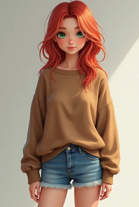 A 19-year-old woman with a round, ruddy face, white-streaked red hair, and emerald green eyes wearing a brown sweater and denim shorts with white sneakers.