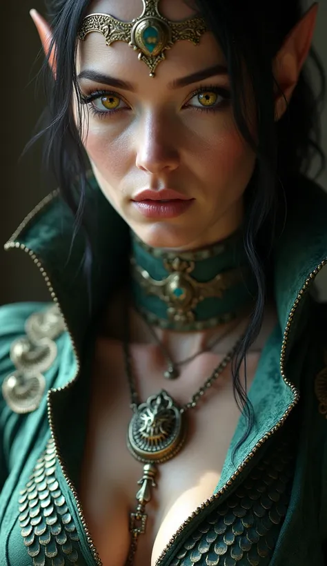 A close-up of a woman with yellow eyes wearing a necklace and a collar, Shot of the body of the cinematic goddess, morrigan, Close-up of the cinematic goddess., cinematic goddess shot, intricate costume, yenfer, peacock wizard themed clothing, scales on he...