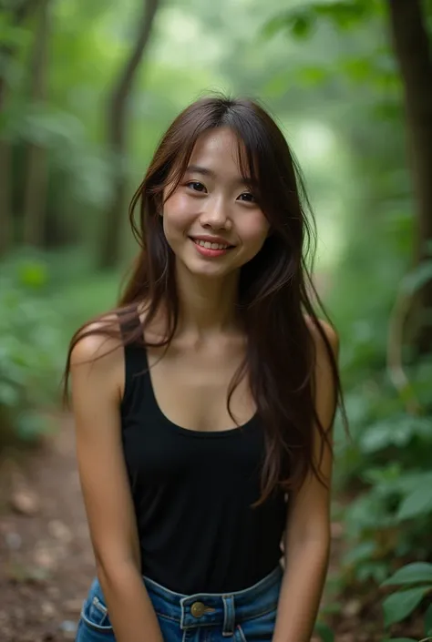 A 17 year old chinese 
girl is posing in a natural trail in a jungle , she is wearing a loose black tank top tucked in her jeans , Her brown hair is tied in such a way that only 2 loose strands are falling on the either side of her face , shot with 85mm le...