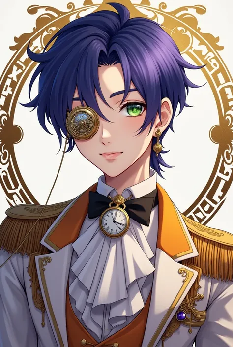 A young male idol with neat and elegant purple-blue hair. Wearing a European-style performance outfit based on amber and white, European suits combining Gothic and Baroque styles, Stylized like a modern fashion model. Wearing a gold monocle、He has a sapphi...