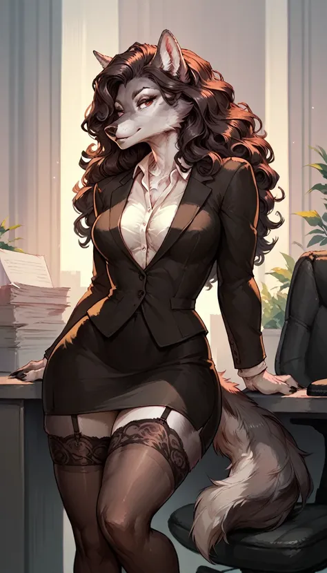 furry, female wolf, wolf, beautiful, curly hair, formal suit, office skirt, stockings, sits in an office chair, director, solo, ...