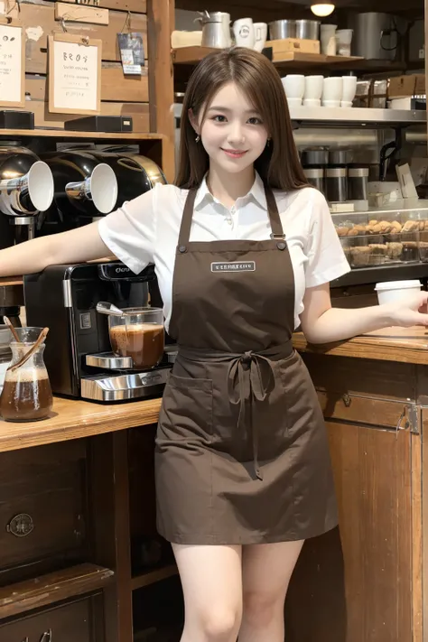 a 20-year-old girl who works in a coffee shop.（wear a short skirt and an apron）