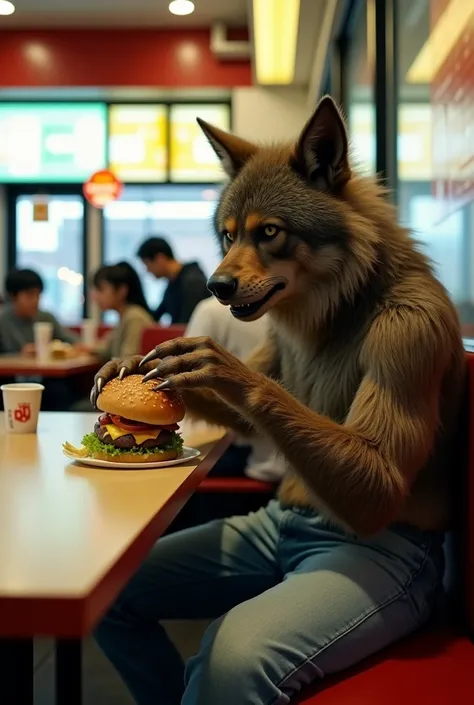 A werewolf with brown fur, wearing jeans, is sitting in a Tokyo McDonalds, eating a Tsukimi Burger. The setting is a typical McDonalds with bright lighting, modern decor, and other customers in the background. The werewolf is holding the burger with its cl...