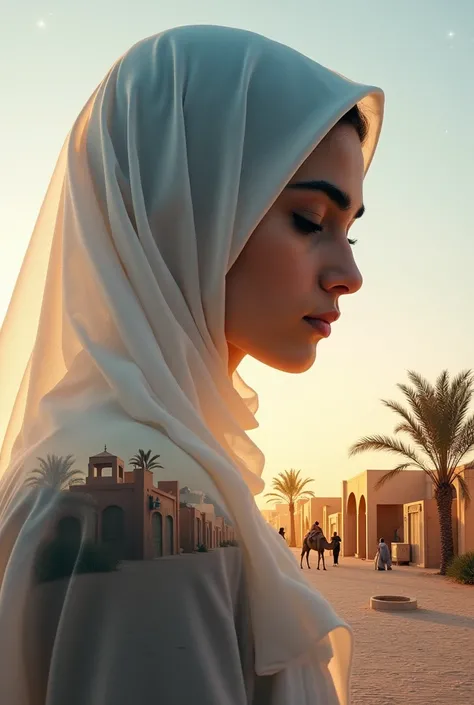 Double exposure portrait, combining images of a beautiful girl wearing a hijab and a handsome boy, camels passing on a quiet street, desert twilight , palm trees, wells and Middle Eastern houses, starry sky, realistic, hologram image, 16k  , with the words...