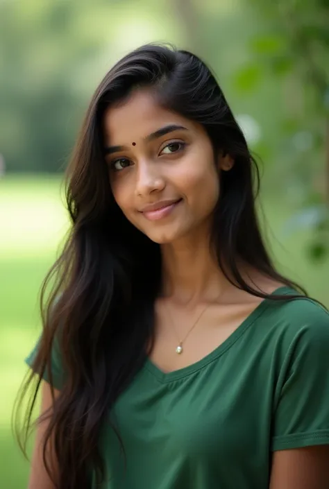 Beautiful 18 years old Indian girl wearing green t shirt in Chhattisgarh 