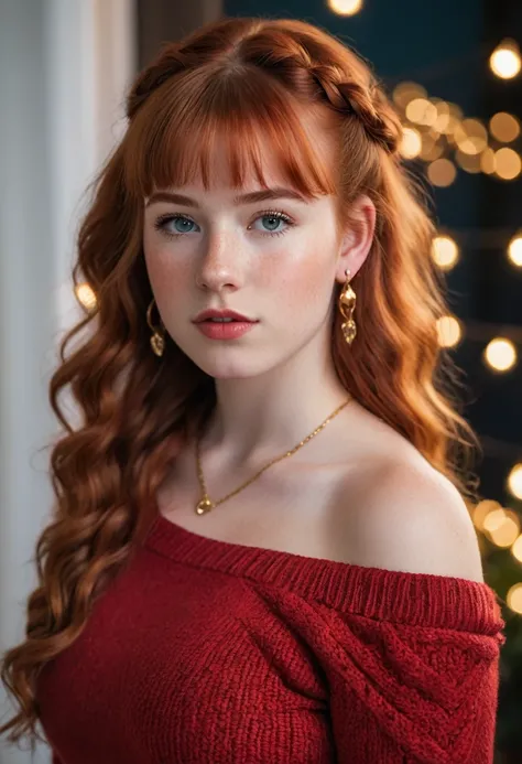 A young lady aged 16 yrs, with long red hair, wavy hair, braided, with air bangs. She is wearing a red sweater, worn off her shoulders. She is wearing black leggings. She has an hourglass figure. She is wearing gold earrings. Looking directly into the came...