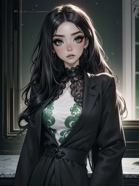 emo_hairstyle, ((tight black suit)), (black lace blazer), black tie, ((long hair)), ((straight hair)), (((black hair))), side sw...