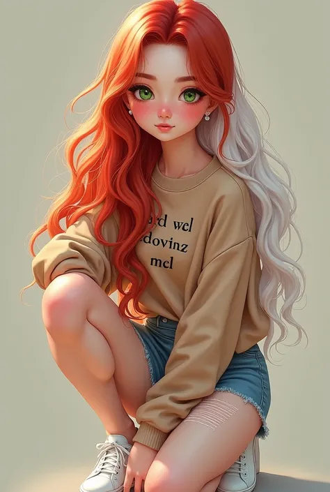 A 20-year-old woman with long, wavy red and white hair all mixed together and with green eyes and a round, flushed face wearing a brown sweater with small letters written on it and ripped denim shorts and white sneakers As if she were a digital drawing.