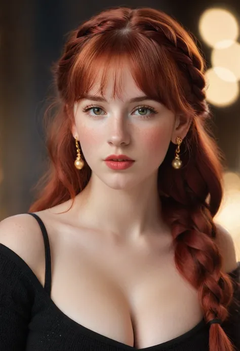 A young lady aged 16 yrs, with long red hair, wavy hair, braided, with air bangs. She is wearing a red sweater, worn off her shoulders. She is wearing black leggings. She has an hourglass figure. She is wearing gold earrings. Looking directly into the came...