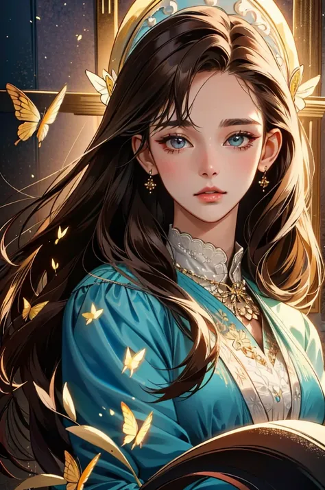 ((Masterpiece)), Highly detailed, best quality, 8k, (soft light), Cinematic lighting, Beautifully detailed eyes,
1 girl, Dark Brown Hair, long hair, conjunctivitis, butterfly, elegant, warm, Clean and detailed