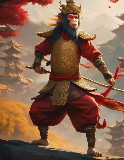 cinematic concept art of the monkey king from journey to the west, chinese background, dynamic pose, intricate details,