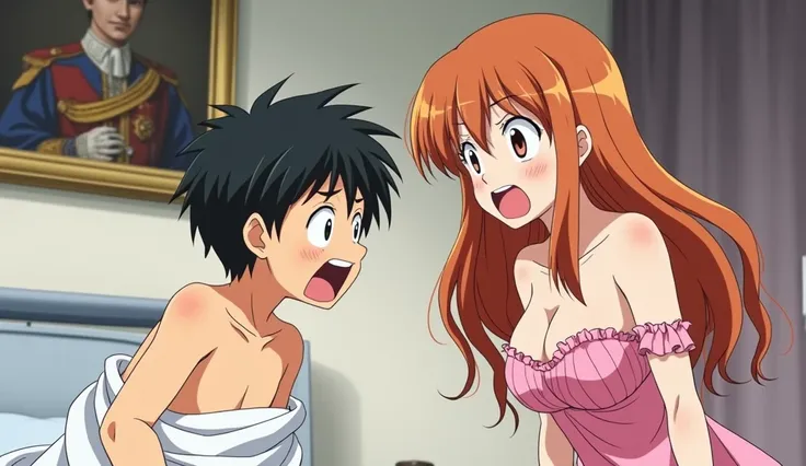 image is from an anime, depicting a humorous or awkward situation. It shows 11 year old boy with short black hair, sitting on a bed while looking at a young woman with long orange-brown hair. The woman, who appears surprised or annoyed, is wearing a frilly...