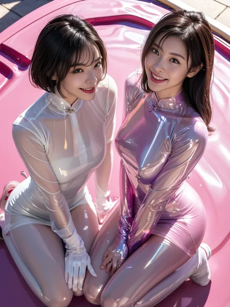 (Tabletop:1.0), (Highest quality:1.4), (High resolution:1.2), (Realistic:1.4), (8k, RAW Photos:1.2), (Soft Focus:1.4),(From above:1.3),break,2 girls sitting and wearing translucent liquid latex aodai and Smiling while taking a photo...........................