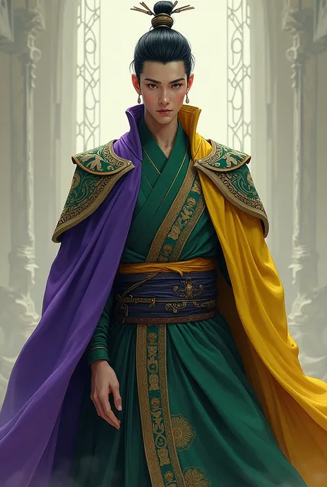 Create the image of a handsome man, Cao Cao, Scrawny, with short rainbow-colored hair, long clothes with green colors, amarelo e roxo.