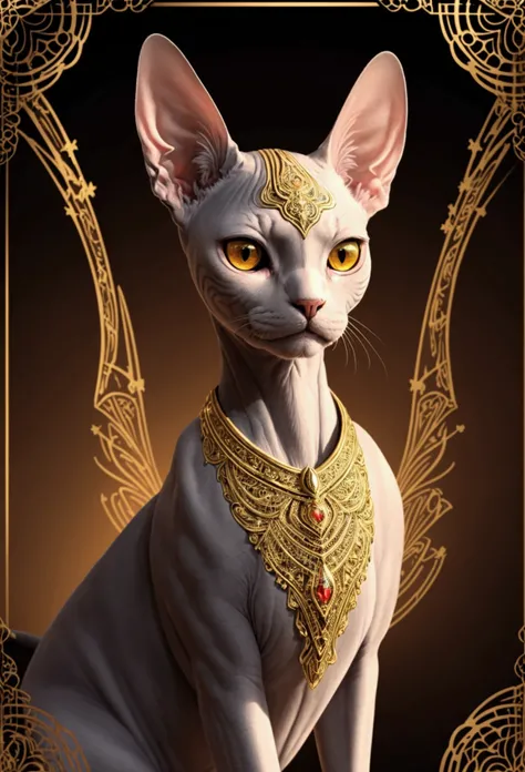 Create an intricate, stylized digital artwork of a Sphynx cat facing forward with glowing golden eyes. The cat should be portrayed in a highly detailed, ornate style, with swirling, decorative patterns covering its body and face. The patterns should incorp...