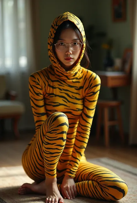 A most beautiful and thin 29 years old  chinese contortion girl wearing a glasses wears yellow tiger Lycra turtleneck unitard catsuit covered with seamless black tiger paterns.She always wear tiger print Lycra dancewear hijab-like hood.She has beautiful ch...