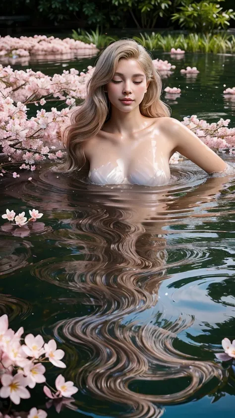 Water Nymph, floating in the pond, surrounded by cherry blossoms and rain, she has a gentle, unearthly and regal appearance, with loose hair, translucent silver-blond hair, which seem to be made of water and shimmer. Her skin is pale and has a soft glow., ...