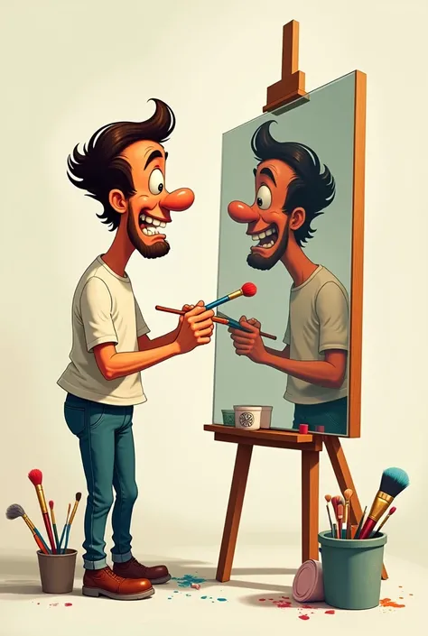 A man painting himself in a canvas using a brush, make it like it like a mirror of himself, make it like a cartoon and dr