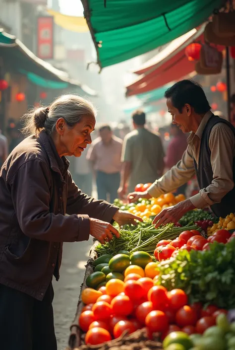 The vegetable market is crowded with people，Crowded。The hawker&#39;s cry、Customers bargaining sounds one after another，Interwoven into a lively symphony。look at，Over there, an auntie was bargaining fiercely with the vendor at the fruit stall.，Arguing red i...