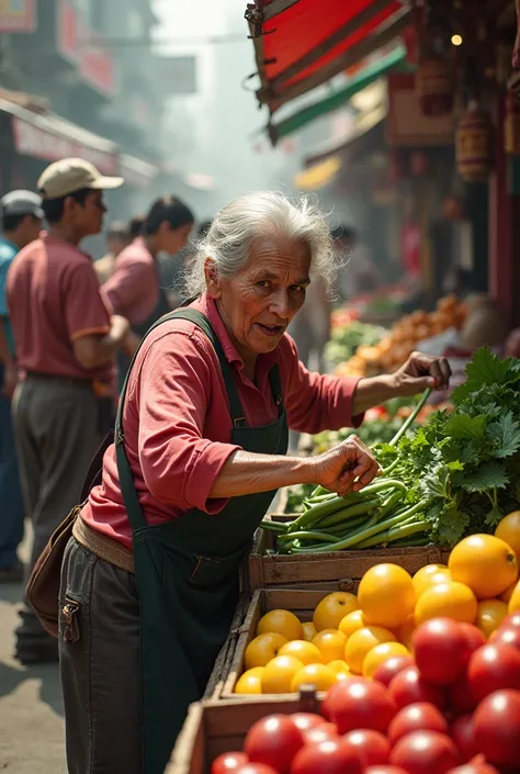 The vegetable market is crowded with people，Crowded。The hawker&#39;s cry、Customers bargaining sounds one after another，Interwoven into a lively symphony。look at，Over there, an auntie was bargaining fiercely with the vendor at the fruit stall.，Arguing red i...