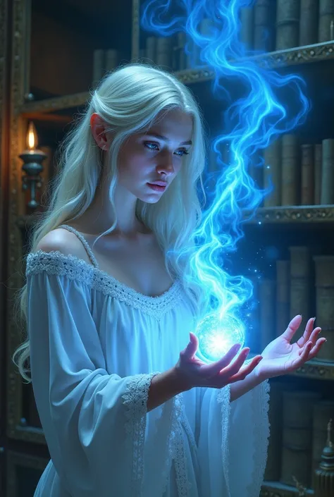 DonMM4g1cFX, nice hands, female fey sorcerer  Mastering spell shaped like Mist of anthraquinone blue hydrodynamic fire and magnetism manipulation, magic academy, chill of the ancient ancient runes archive, engraved shelves, ancient scrolls enchanted quills...