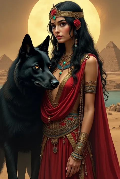 Queen Cleopatra in Egypt,  black wolf and a red rose 