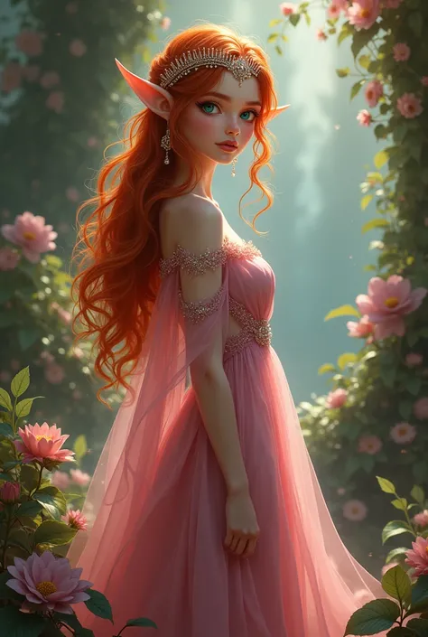 adult, beautiful, redhead, side part hairstyle, dark green eyes, pink dress, tiara, elf, sorcerer, fantasy, magical, floral