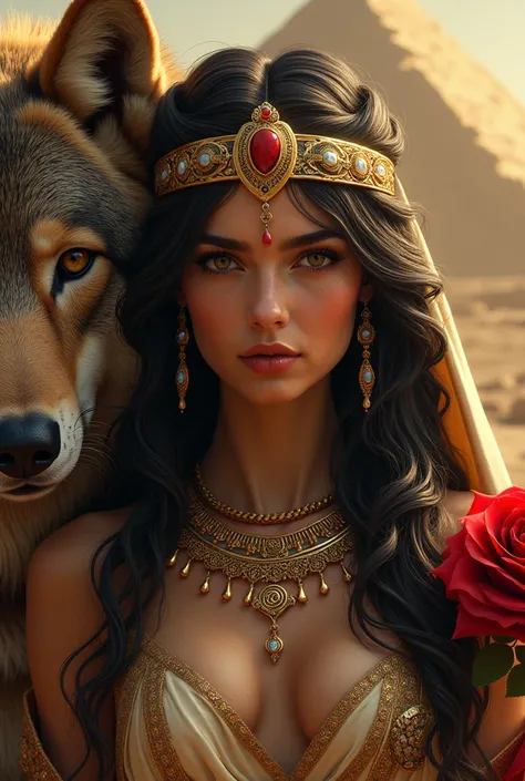 Queen Cleopatra in Egypt,  wolf and red rose 