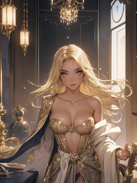 (best quality: 1.2), clean face, (masterpiece: 1.2, 8k) perfect anatomy, 1 girl) a beautiful fashion model ,(masterpiece, official art, best quality  shiny hair, blonde hair with streaks in hair, full lips,  big breasts, slutty outfit, cleavage, shiny brea...