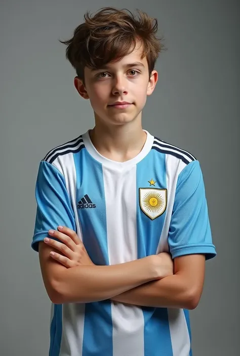 A teen Boy standing 75° folding his hand wearing argentina football jersy