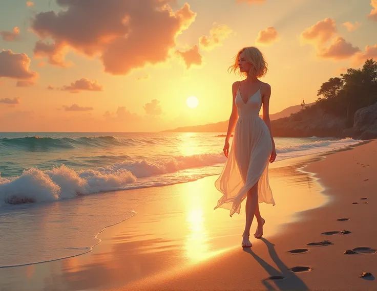 A young and elegant woman, with short wavy blonde hair, walk along the shore of a nude beach at sunset. Her style is natural and her figure is stylized with small breasts. . The sea breeze gently caresses her hair as she walks barefoot, leaving footprints ...