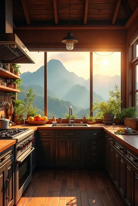 A kitchen with  kota Kinabalu sabah mountain as background 