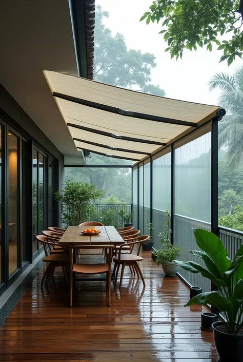 outdoor blinds designed to protect against heavy rain and strong winds, typically used in areas prone to monsoon weather. They are made from durable, waterproof materials like PVC plastic used in balconies, or outdoor dining areas to keep the space dry whi...