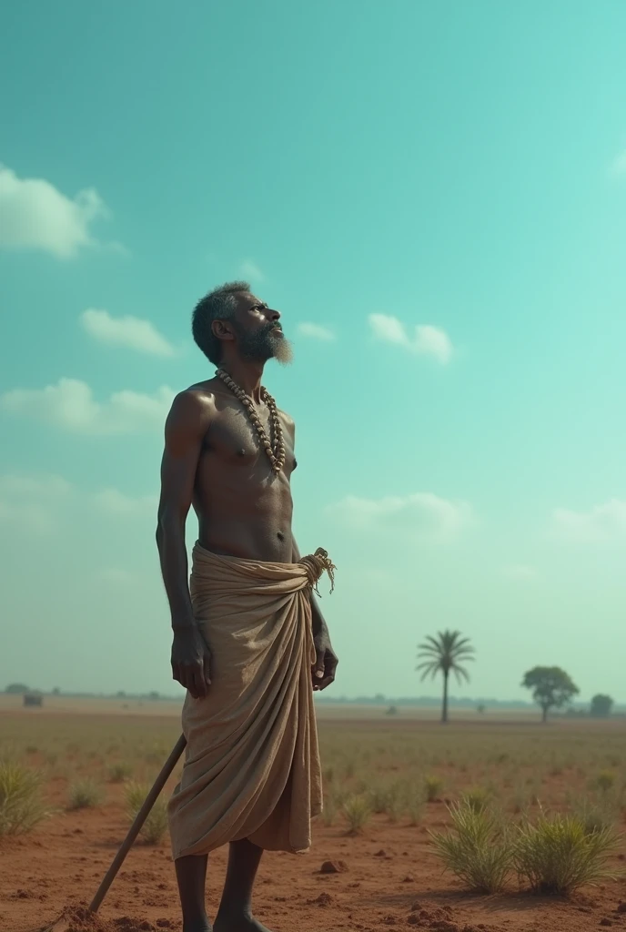 A poor Indian farmer is looking towards the sky waiting for rain in his fields.