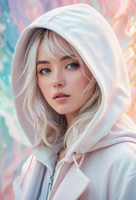 Anime-style portrait of a female character wearing a white hooded coat, with an emphasis on intricate details and expressive features, set against a dreamy, abstract background with pastel colors and soft, ethereal lighting.