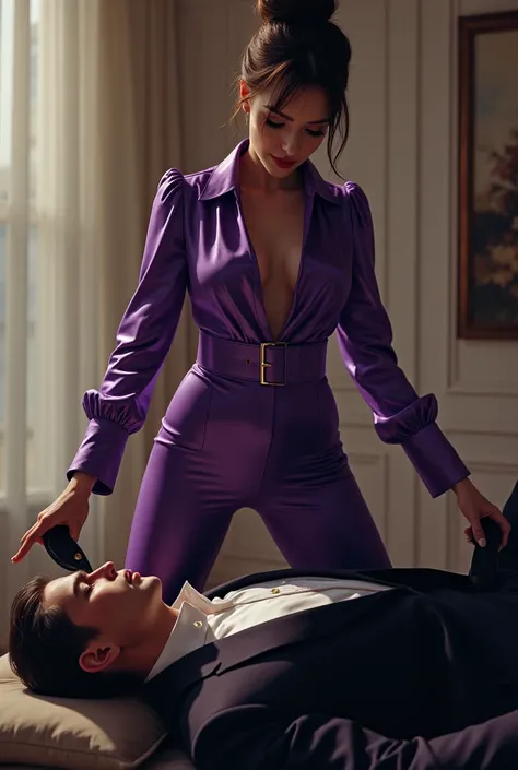 Mistress,white skin, brown bun hairs, wearing purple shining boot-cut pants, wearing purple shining blouse, wearing black home sandals, trampling mans face,man is suited,  man in handsome, mans face trampled by mistress shoe, mistress puts her shoe on mans...